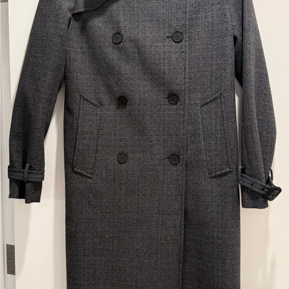 Sandro Checked Rhinestone-Embellished Trench Coat in Gray & Blue - Picture 5 of 9